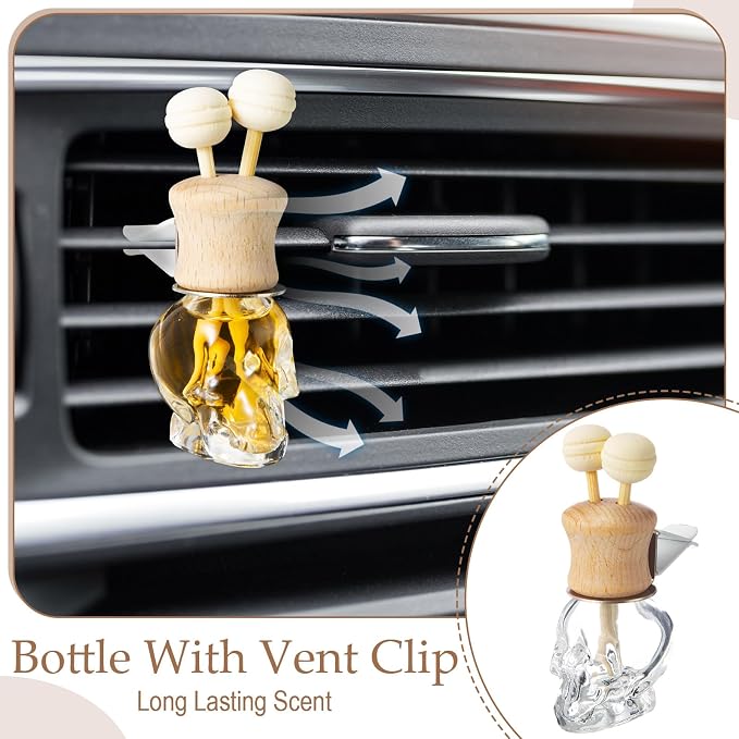 Zubebe 30 Pack Car Air Freshener Diffuser with Vent Clip Empty Car Diffuser Bottles for Essential Oil Perfume Glass Bottle with Wooden Caps Stick(Skull)