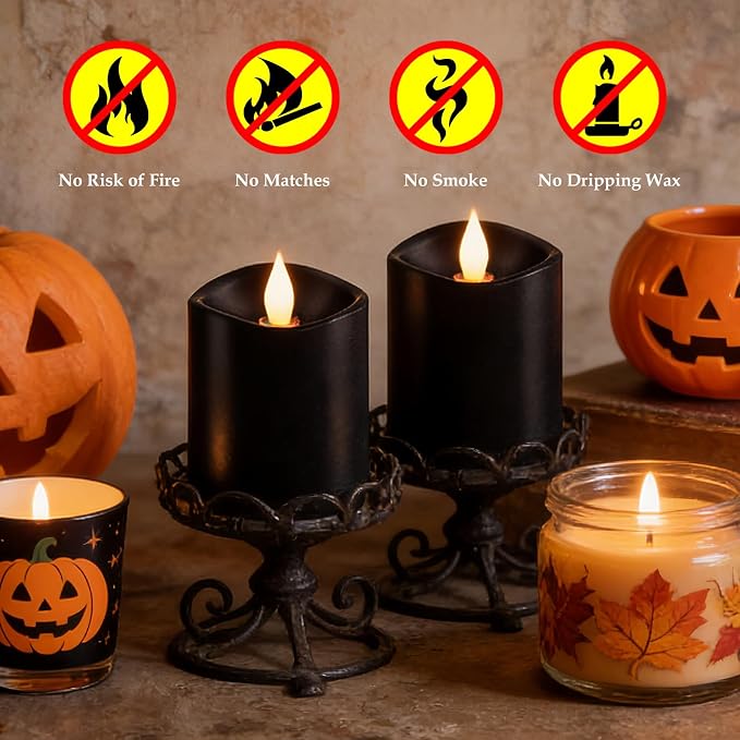 Black Flameless LED Candles, Black Battery Operated Candles with Remote Timer, 3"x3" Real Wax 2-Pack, 3D Flickering Flame Last 600+ Hours, Ideal for Halloween Christmas Gothic Home Decor
