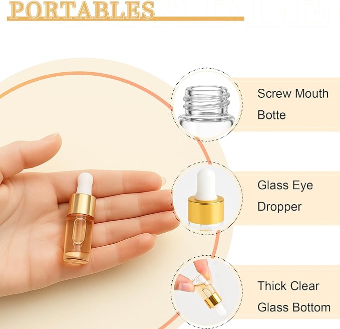 10pcs Mini Glass Dropper Bottle for Essential Oil,1ml Small Clear Sample Dropper Vails with Gold Cap,Perfume Cosmetic Liquid Containers for Traveling (3ml, 10)