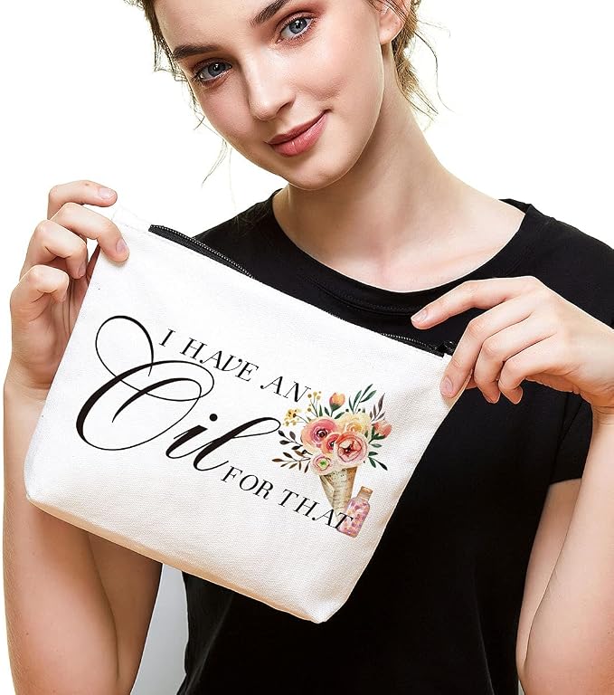 Essential Oil Bag - Essential Oil Storage - Travel Makeup Bag - Aromatherapy Travel Case - White - Letter Print - Soft & Durable Canvas - Unisex Adult - 9.5 x 7 Inches