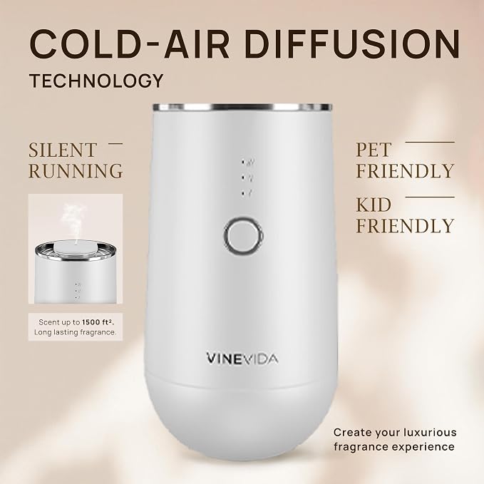 VINEVIDA Waterless Diffuser - Essential Oil Diffuser for Home - White Scent Diffuser for Home, Battery Operated Aromatherapy Diffuser - Car, Room Fragrance Air Diffuser