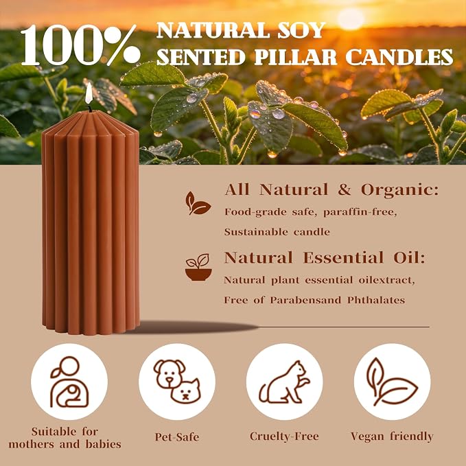Burnt Orange Ribbed Pillar Candles Set of 3-Spiced Orange,Cinnamon & Clove Scented Soy Wax，Aesthetic Retro Textured Pillars-2.8x4,6,8in,High-Low Trio for Boho Home Decor,Spa & Gifting