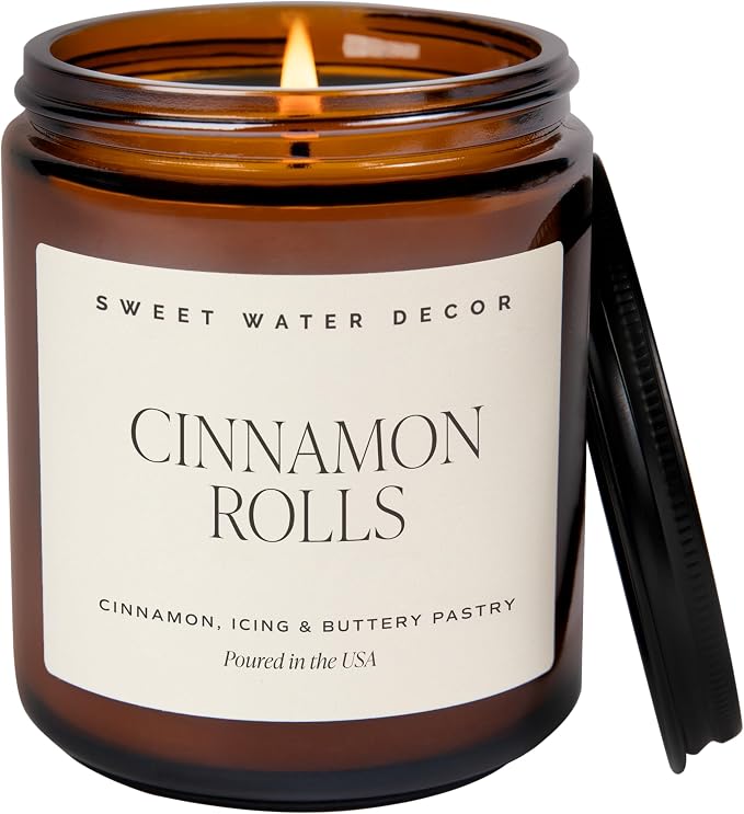 Sweet Water Decor Cinnamon Roll Candle - Fall Candle with Cinnamon, Icing & Buttery Pastry for Home - Soy Candles with 40 Hours Burn Time - 9Oz Black Lid Amber Jar Holiday Scents