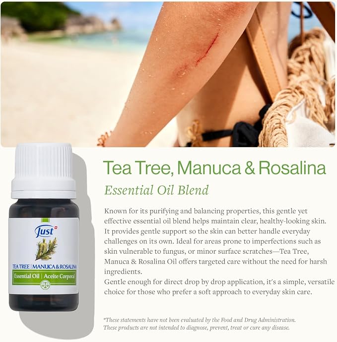 SwissJust Tea Tree Oil 10ml - Promotes Skin Regeneration, Targets Athlete's Foot, Enhances Oral Care and Ensures Hygiene and Intimate Comfort