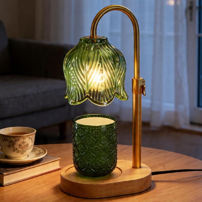 Candle Warmer Lamp with Adjustable Height - Flameless 4-Level Dimmable Wax Warmer, Timer Function & Stylish Design in Multiple Colors (Green Wood Base)