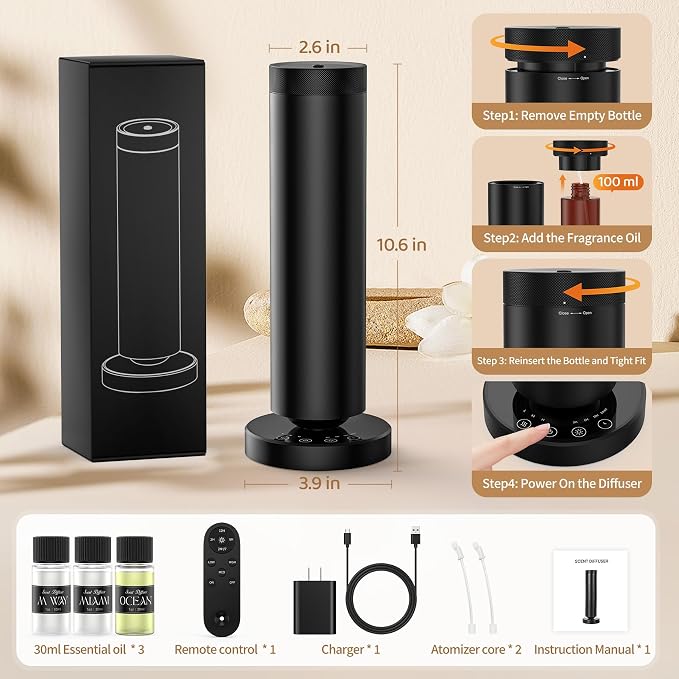 Waterless Diffuser with 108ML Essential Oils, Covers 1500 Sq Ft, Diffusers for Home Hotel, Adjustable Mist & Timer, Scent Diffuser Starter Kit with Night Light, Corded Electric,Black