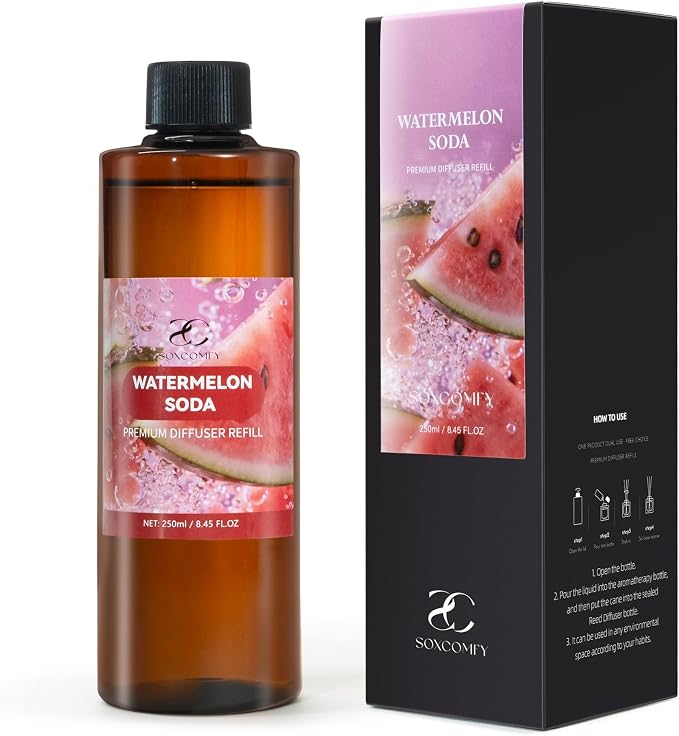 Diffuser Oil Refill, 250ml / 8.45 fl oz, Watermelon SODA - Reed Diffuser Oil Refill for Home Fragrance, Scented Oil for Reed Diffuser Bottles, Watermelon, Rose & Eucalyptus Notes