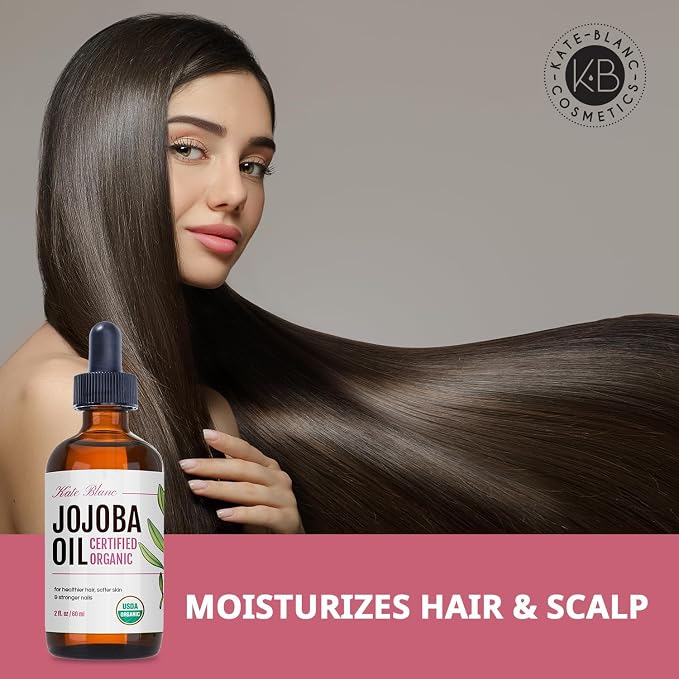 Kate Blanc Cosmetics Organic Jojoba Oil for Hair, Skin & Face (2oz, 100% Pure, Cold Pressed, Natural). Gua Sha Oil for Face & Dermaplaning (Pack of 2)