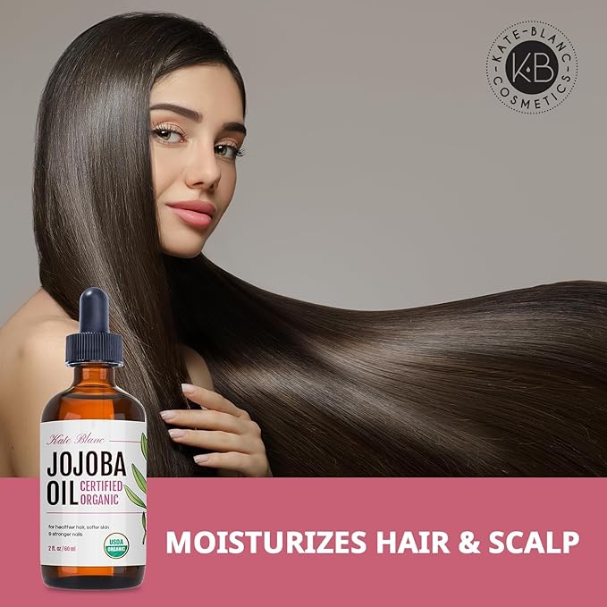 Kate Blanc Cosmetics Organic Jojoba Oil for Hair, Skin, Face, Nails (2oz) - USDA Certified, 100% Pure Cold Pressed Unrefined - Moisturizing Carrier Oil for Gua Sha, Dermaplaning, Body - Glass Bottle