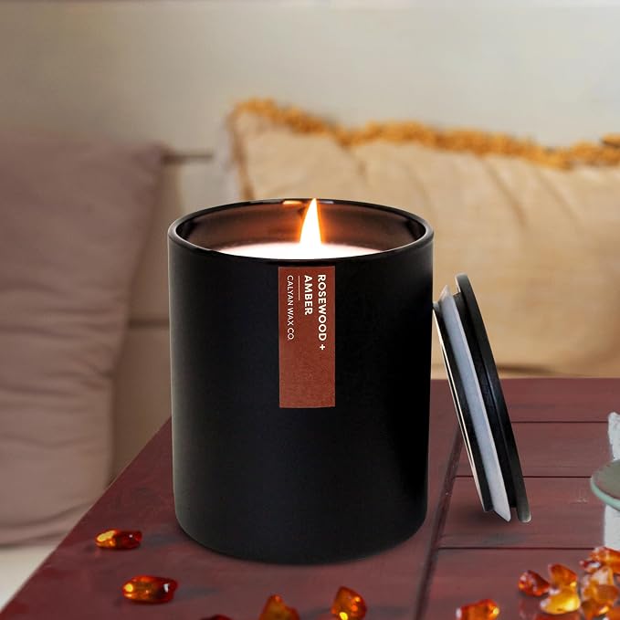 Calyan Wax Co. Rosewood & Amber Scented Candle - 75 Hour Burn - Luxury Clean Soy Wax Candles - Long Lasting Black Tumbler Jar Candle for Home - 10.2oz