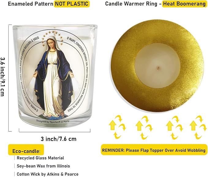 Our Lady of Miraculous Mother (Virgen de la Milagrosa) Devotional Candle 50 Hours│Hand-Poured Natural Soy Wax│Immaculate Conception, Mediatrix of Grace, Devotion, Intimately United with Jesus│3“×3.6”