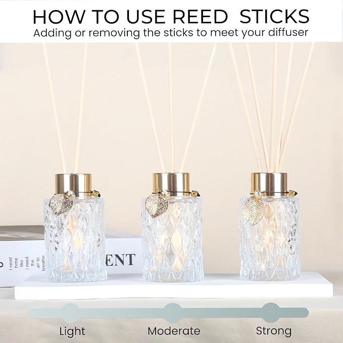 4Pcs Reed Diffuser Set with Metal Golden Decoration, 4.2oz Empty Reed Diffuser Bottles with 20Pcs Reed Diffuser Sticks, Unique Design Bottles for Home and Office(Cylinder)