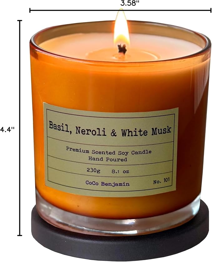 100% Natural Soy Wax Candle by CoCo Benjamin - Highly Scented & Hand-Poured Luxury Candle (Neroli Vetiver Basil) - Clean Burning Cotton Wick