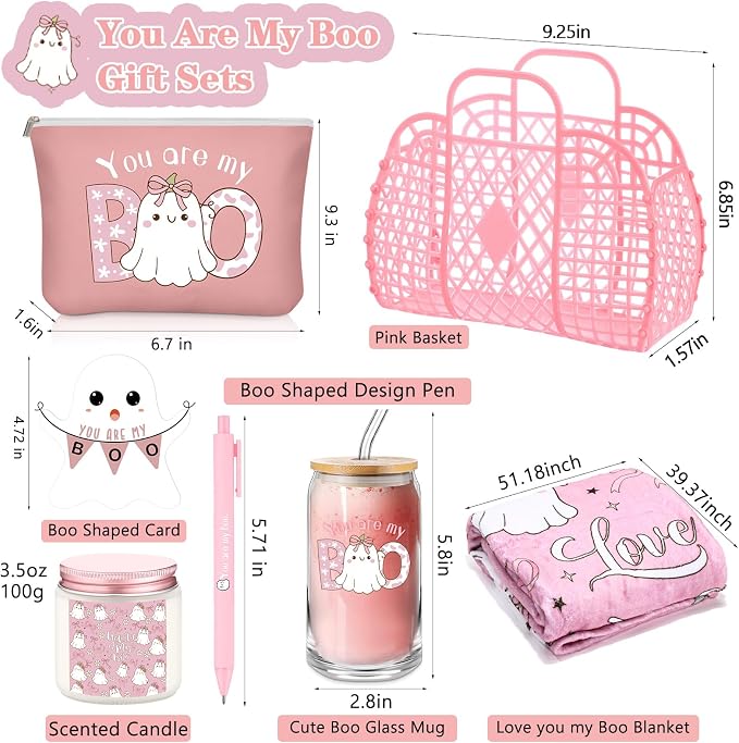 Roshtia 7 Pcs You're My Boo Jelly Basket Stuffers for Women Ghost Boo Throw Blanket Glass Mug Candle Jar Makeup Bag Plastic Handbag with Pen Card Girlfriend Gift