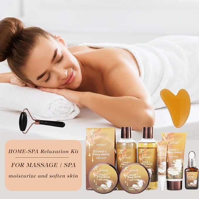 Coconut & Honey Almond Bath and Body Gift Basket Set, 24 Pcs Spa Gift Basket with Lotion, Face Cream, Himalayan Salt, Eye Cream, Facial Serum & More Bath Set Gifts for Girls, Birthday Gifts for Men
