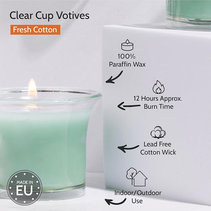 Hyoola Clear Cup Scented Votive Candles - Fresh Cotton - 12 Hour Burn Time - 4 Pack - European Made