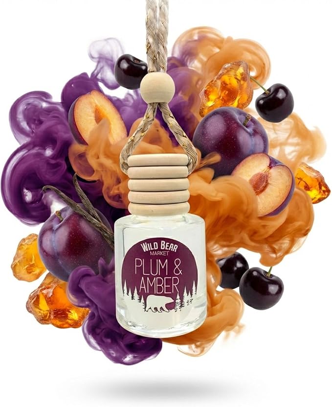 Car Freshener – Long Lasting Natural Fragrance Oil, Glass Bottle Diffuser, Toxin-Free, Made in USA – Plum & Amber