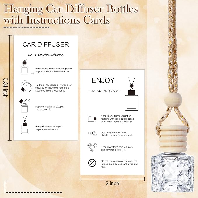Boao 50 Sets Hanging Car Air Freshener Diffuser Bottles with 2 x 3.54 Inch Car Diffuser Instructions Cards for Empty Essential Oil Bottles (White Card,Round Diamond)