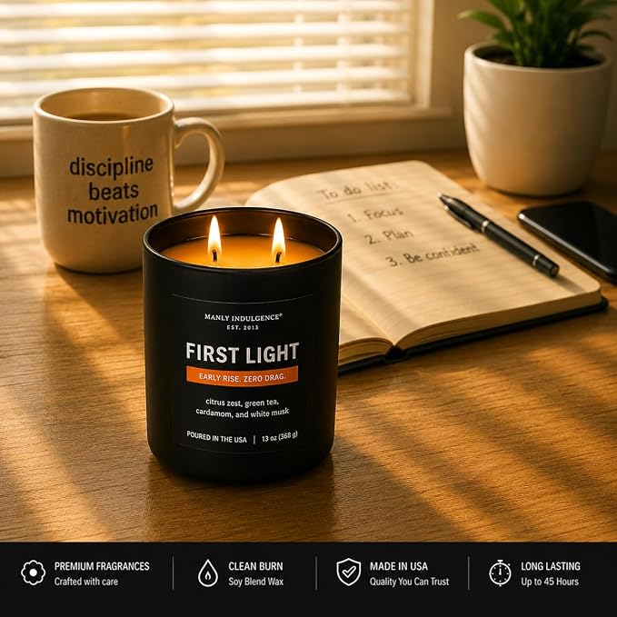 Manly Indulgence First Light Scented Candle, 2 Wick, 13 oz, Premium Soy Blend Wax, Candles for Home Scented - Made in The USA