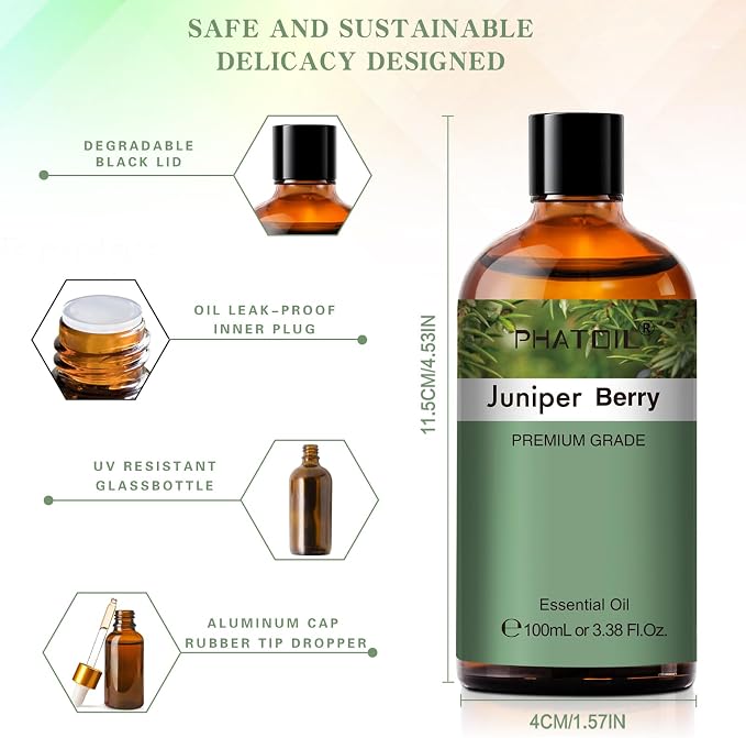 Juniper Berry 3.38fl.oz Essential Oil, PHATOIL Pure Aromatherapy Oils for Diffuser, Humidifier, Perfect for DIY Soap, Candle, Bath Bombs Making(100ml)