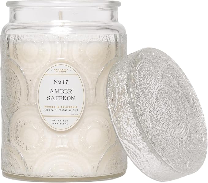 LEOBEN CO – Amber Saffron Scented Candle – 18oz, Heirloom Collection Design – 80 hr Burn Time – Poured in California Using Vegan Soy Wax and Essential Oils – Made in Small Batches