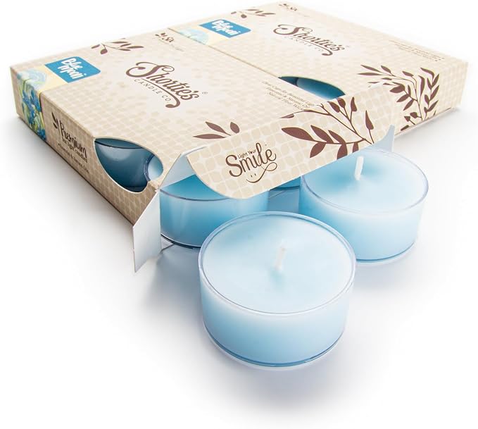 Blue Moon Premium Tealight Candles Multi Pack - Highly Scented with Essential Oils - 12 Blue Tea Lights - Beautiful Candlelight - Made in the USA - Fresh & Clean Collection