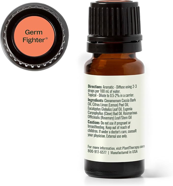 Plant Therapy Germ Fighter Essential Oil Blend Pure, Natural Aromatherapy, for Diffusion & Topical Use, DIY Multi-Surface Cleaner, Hand Cleanser, Home or Office Use, Therapeutic Grade 10 mL (1/3 oz)