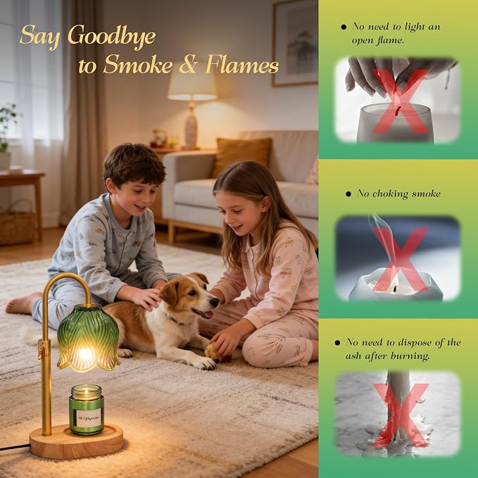 Candle Warmer Lamp with Adjustable Height - Flameless 4-Level Dimmable Wax Warmer, Timer Function & Stylish Design in Multiple Colors (Green Wood Base)