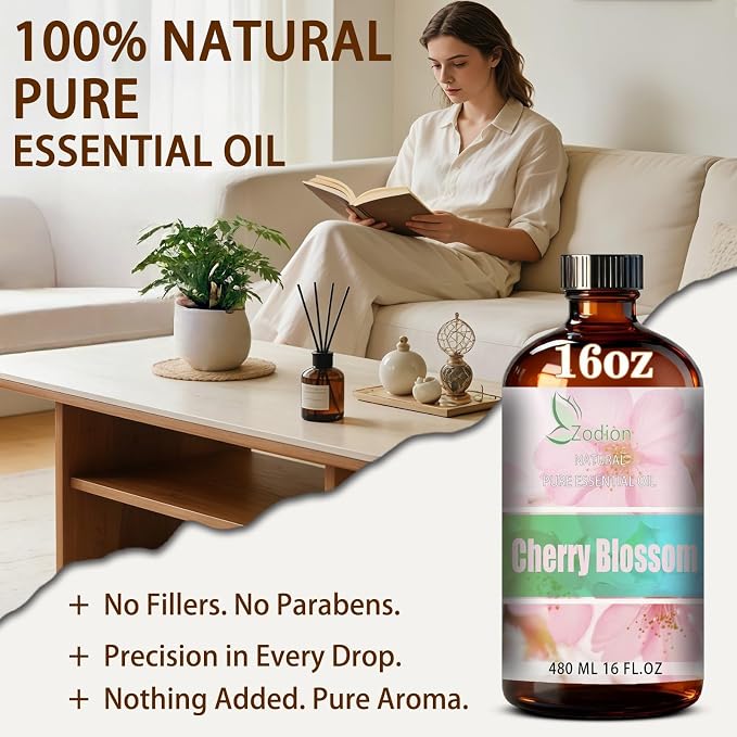 Cherry Blossom Essential Oil - Cherry Blossom Fragrance Oil for Diffuser, Massage, Humidifier, DIY Candle, Soap Making, Home, Bath, Yoga - 16 fl oz (480ml) - ZODION Essential Oils