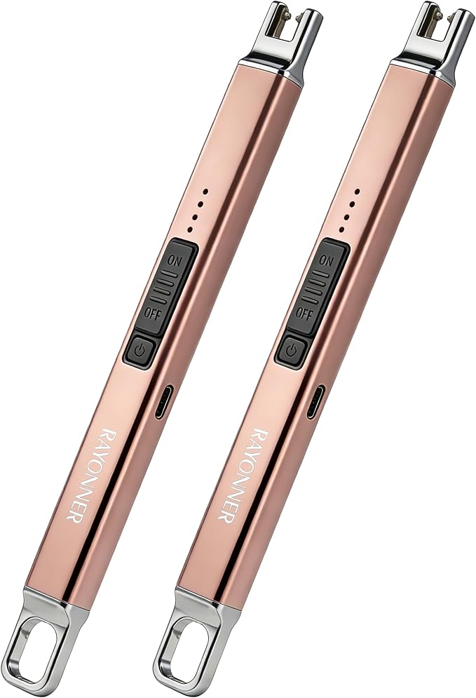 RAYONNER Electric Candle Lighter Rechargeable USB-C Plasma Arc Lighter with Hanging Hook Windproof Flameless Igniter for Camping Grill Home Decor Gifts (2 Pack - Rosegold)