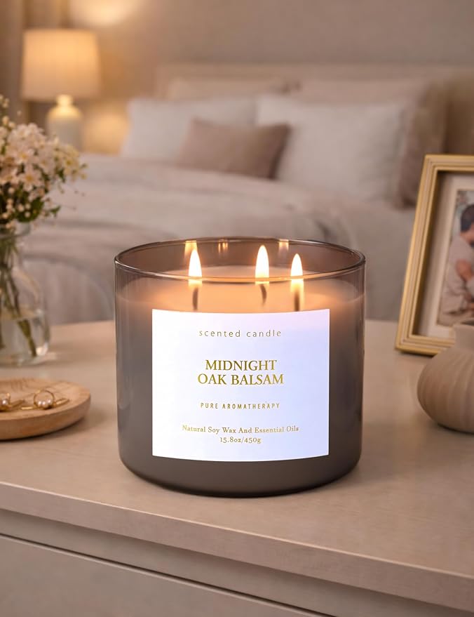 Midnight Oak Balsam 3-Wick Scented Candle | 15.8 oz Large Balsam Cedar Woodsy Soy Wax Candle for Home | Forest Calming Scented Candle | Clean Burning, Long Lasting | Candle Gift for Men & Women