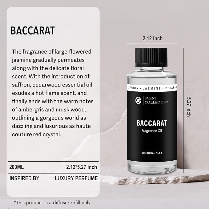 Hotel Scent Diffuser Oil for Home Inspired Baccarat Hotel, Luxury Saffron Cedar Fragrance, Long Lasting Waterless Aroma Oil Refill for Cold Air Diffuser & Large Room, 200ml/6.76 Fl Oz