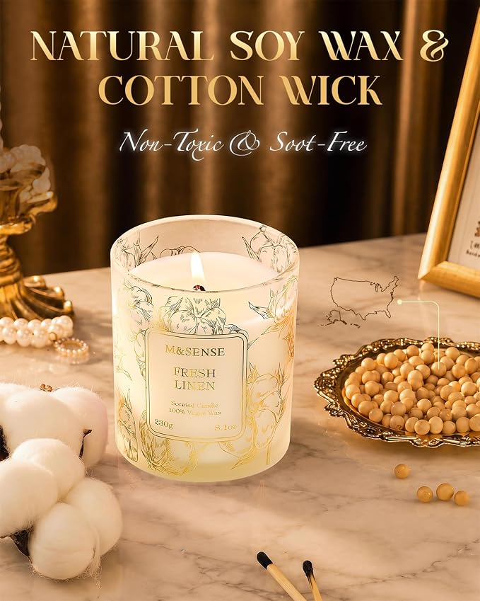 M&SENSE Fresh Linen Scented Candles, 8.1oz Natural Soy Wax Candle Non Toxic 42-Hour, Clean Cotton Summer Breeze, Bathroom & Bedroom Freshener