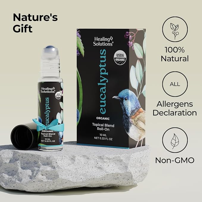 Healing Solutions (2 Pack) USDA Certified Organic Eucalyptus Essential Oil Roll-On Set - Rub on Chest and Breathe, for Skin