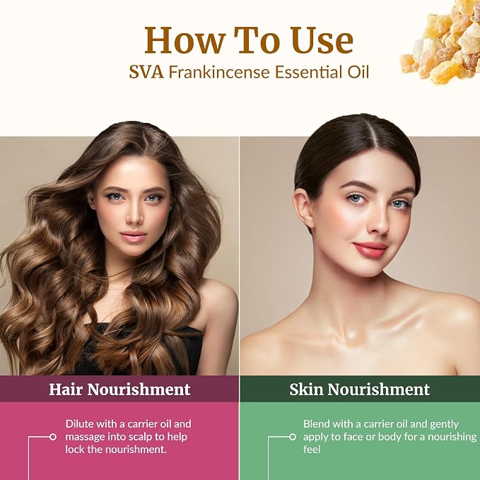 SVA Frankincense Essential Oil – 1 Fl Oz – 100% Natural Boswellia Serrata Oil - for Diffuser, Hair Care, Face, Skin Care, Aromatherapy, Scalp and Body Massage, Soap and Candle Making - with Dropper