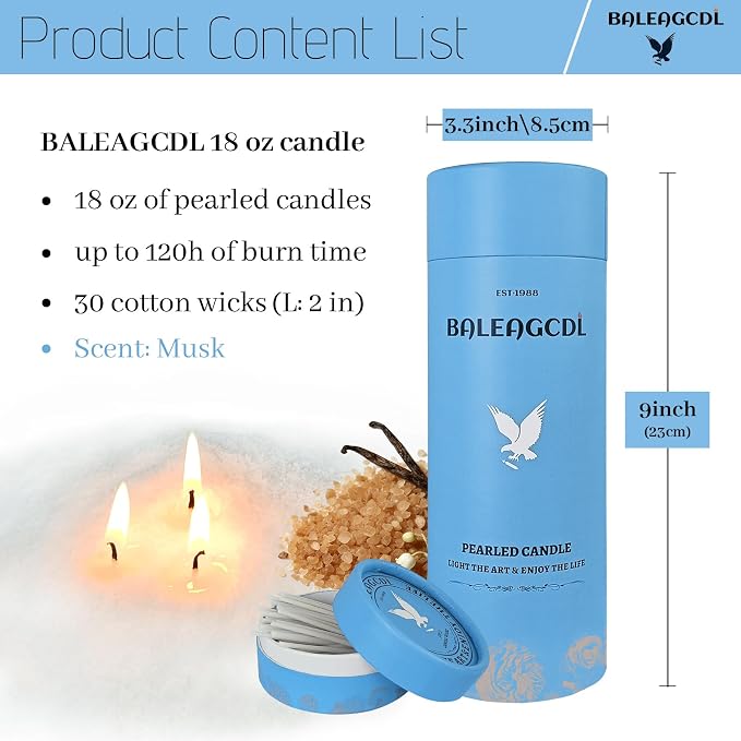 Calm Musk Blanc Pearled Candle 18 Oz with 30 Wicks - Musk Scented Sand Candles White Refillable Wax Lasts Up to 120 Hours Smooth and Clean Burning for Candle Making DIY