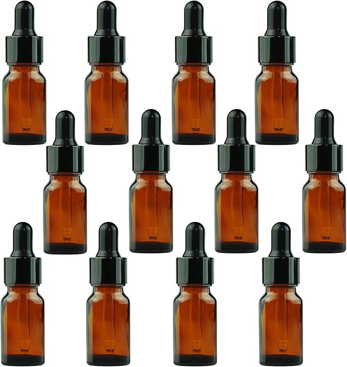 erioctry 5ML/10ML Amber Glass Essential Oil Bottles and Eyed Dropper Black Caps Makeup Cosmetic Sample Container Boxes of Glass for Essential Oil Aromatherapy Use(Pack of 12) (10ML)