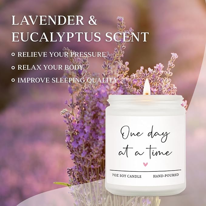 Shqiueos Get Well Gifts for Women Men, Thinking of You Gift-One Day at A Time Lavender Scented Candle 7oz, Inspirational Breast Cancer Care Present, Encouragement Sympathy Bereavement Christmas Gift