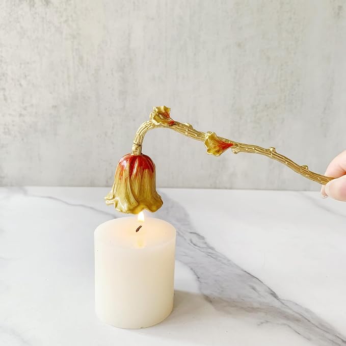 Ginkgo Candle Snuffer, Hand-Painted Metal Candle Extinguisher with Non-Slip Handle, Elegant Decorative Candle Tool for Hanukkah, Christmas, Birthdays (Yellow & Red Ginkgo)