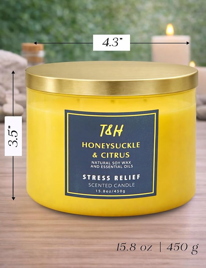 Honeysuckle Citrus Scented Soy Candle | Large 3-Wick Candle for Home, 15.8 oz | Fresh Floral Citrus Candle | Summer Candles for Women & Men | Thank You & Hostess Gifts for Women