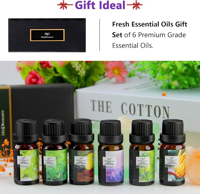 Fresh Essential Oils Set, 6x10ml Aromatherapy Oil Gift Kit for Diffuser, Fragrance, Humidifiers, Air Purifier- Tea Tree, Bergamot, Rosemary, Lavender, Lemon, Peppermint