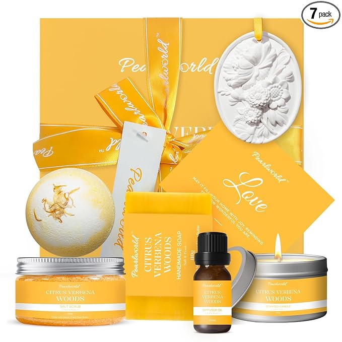Mother's Day Gift, Citrus Verbena Bath Set Self Care for Women, Nourishing 7 Piece Home Spa Set, Birthday Gift For Mom, Girlfriend