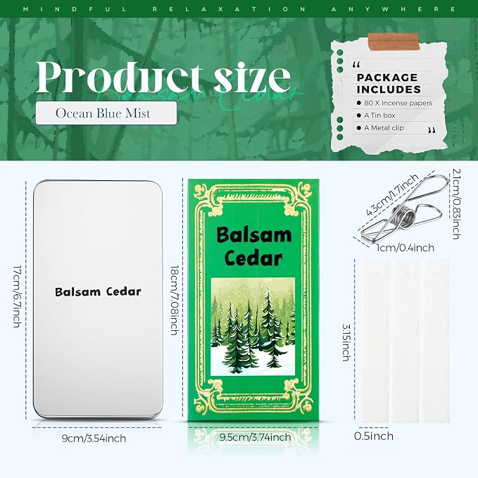 Eaasty Paper Incense Kits - 80 Pcs Burning Paper Incense with Tin Case and Clips - Quick Usage - Eliminating Bathroom, Kitchen Odors - Aromatherapy Gifts for Women(Balsam Cedar)