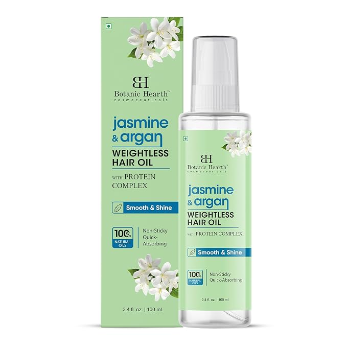 Botanic Hearth Argan & Jasmine Weightless Hair Oil, 3.4 fl oz | With Argan Oil & Jasmine Oil | Lightweight Non-Greasy Formula | Frizz Control, Smooth Shine & Soft Hair | For Dry, Frizzy & Fine Hair