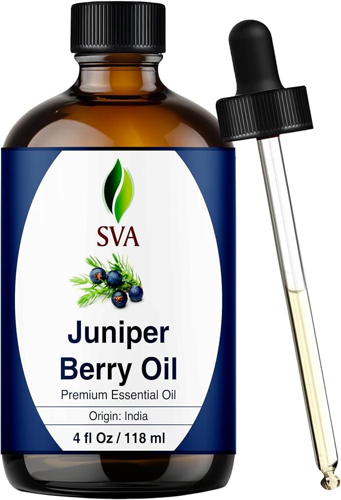 SVA Juniper Berry Essential Oil – 4 Fl Oz – 100% Natural Juniper Oil - for Diffuser, Hair Care, Face, Skin Care, Aromatherapy, Scalp and Body Massage, Soap and Candle Making – with Dropper