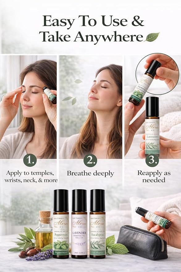 Southern Alora Essential Oils Roll On Set – Peppermint, Lavender & Eucalyptus Aromatherapy for Relaxation and Stress Support – Travel Size Essential Oil Roller, Self Care Gifts for Women