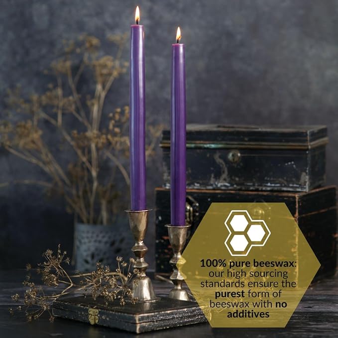 Big Dipper Wax Works Eggplant Purple Hand-Dipped Beeswax Taper Candles – 12” x 7/8”, 2-Pack, 100% Pure Beeswax, Long Burning, Clean, Cotton Wick, Handmade in USA, Home Décor & Wedding Candles