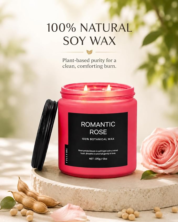 Rose Scented Candles for Home, 13oz Natural Soy Wax 2-Wick Candle, Up to 76-Hour Clean Burn, Romantic Floral Home Fragrance, Relaxing Candle Gifts for Women, Mom, Wife