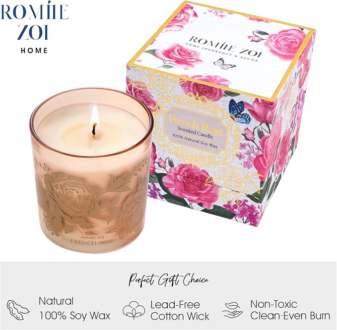 ROMIIE ZOI Scented Candle - French Rose - 6oz Aromatherapy Soy Wax Jar Candle for Home, Gifts for Women - 170g