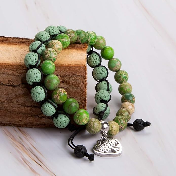 Bivei Life Tree Bracelet - Lava Stone Essential Oil Gemstone Beaded Yoga Meditation Regalite Stone Beach Charm Bracelet Set
